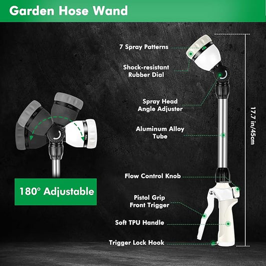 RESTMO Metal Watering Wand, Heavy Duty Garden Hose Wand with 180° Swivel Ratcheting Head, 16'' Hose Nozzle Sprayer with 7 Spray Patterns and Flow Control, for Water Hanging Baskets and Shrubs, White