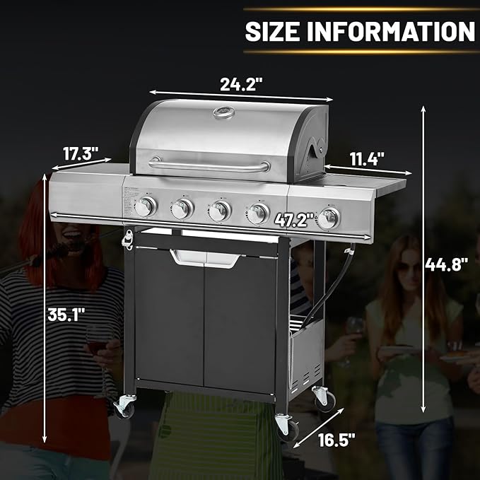 4-Burner Propane Gas BBQ Grill with Side Burner, 51000 BTU Stainless Steel Gas Grill with Rain Cover for Outdoor, Camping, Barbecue Grilling Backyard Cooking (4+1 burner no cover)