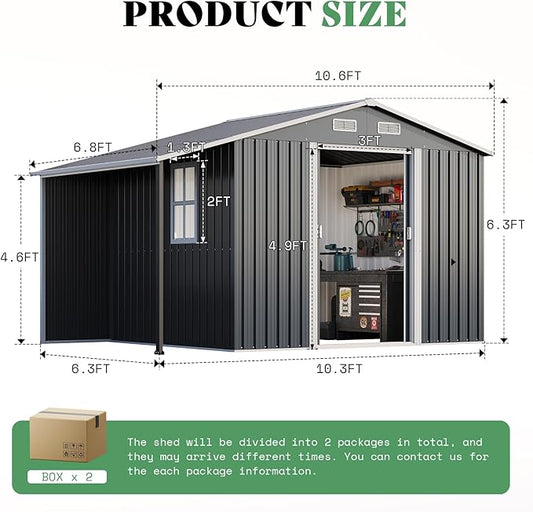 Jocisland 10.6x6.8x6.3 FT Outdoor Storage Shed with Sliding Doors, Two 4-Pane Windows, Open-Air Design Outdoor Shed for Wood Storage, Dark Grey/White