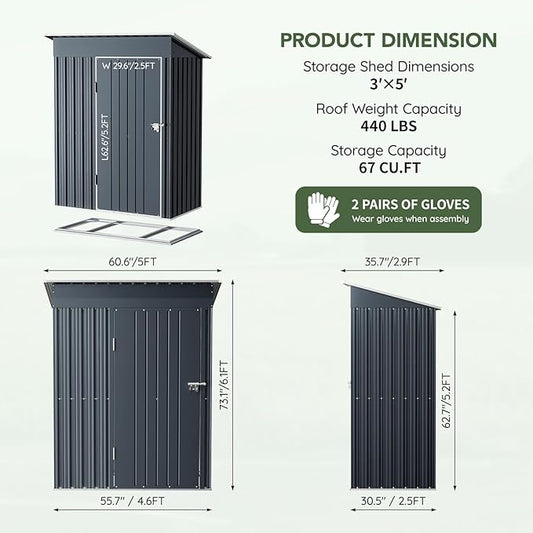 3x5 FT Outdoor Metal Storage Shed with Floor Frame, Single Door, 1 Clear Window, Tool Shed for Garden, Patio, Backyard