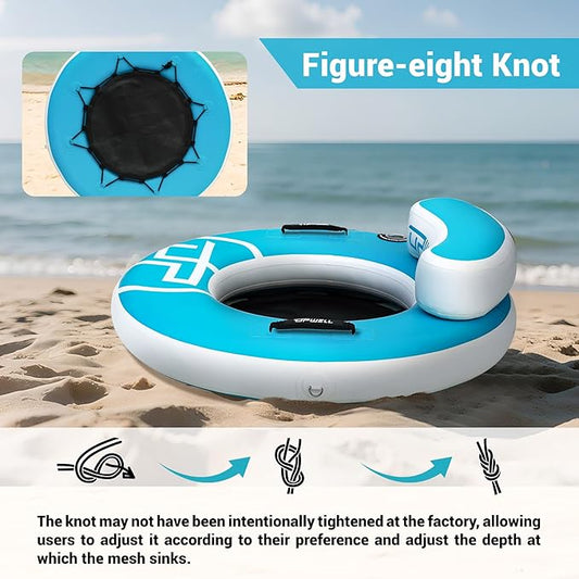 UPWELL Round Inflatable Pool Float Hammock with Backrest - Heavy Duty Mesh Mat for Adults, Tanning, Lakes and Rivers