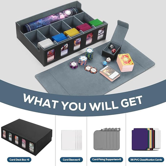 5-Row MTG Deck Box with Commander Display, Trading Card Storage Box for MTG TCG Sports Card,Card Deck Box with 1 Sieve box, 5 Toploaders, 5 Stoppers, 36 Colorful Dividers (Black & Grey)