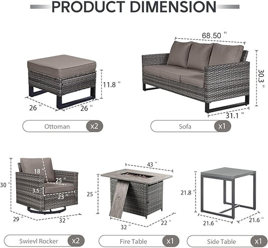 7 Piece Wicker Patio Furniture with Fire Pit Table - Outdoor Conversation Set with 50,000 BTU Fire Pit, All Weather Rattan Patio Set for Deck Backyard Garden - Grey Wicker Grey Cushion