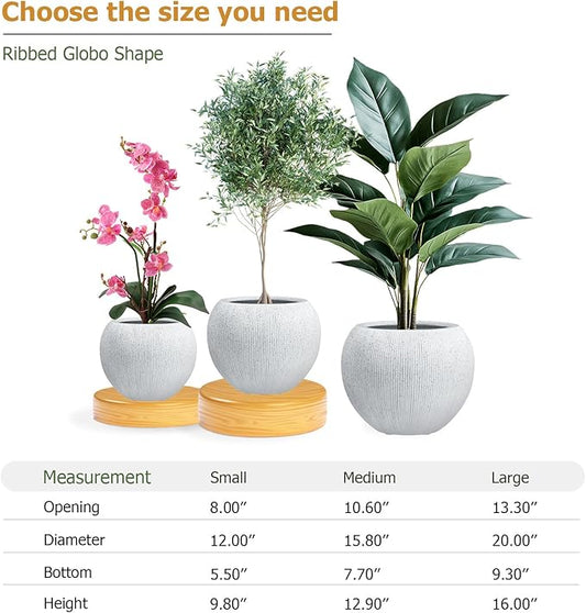 9.7"H x 12"D Globo Fiberstone Round Planter, Christmas Tree Planter, Weather Resistant, Ribbed Finish, Planters for Indoor Plants & Outdoor, Extra Coco Mats (Speckled White,7.8" Pot Opening)
