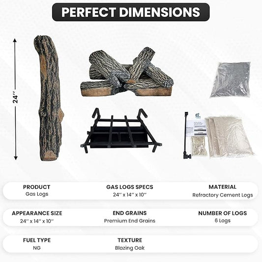 24" Premium Gas Logs - Match Light Kit Included - for Natural Gas Vented Fireplaces - Blazing Oak Design (Logs + Match Light Kit)