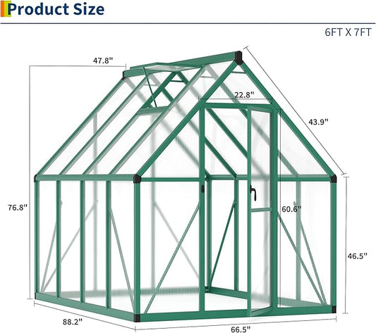 6 x 7 ft Greenhouse, Polycarbonate Walk-in Greenhouse with Aluminum Frame, Adjustable Roof Vent and Lockable Door, Easy Assembly, Green Houses for Outside, Garden, Backyard and Patio