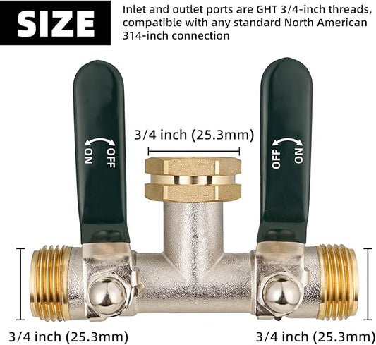 Hose Splitter 2 Way, Brass High Flow Garden Hose Splitter Heavy Duty, Hose Connector, Water Spigot Splitter, Full Flow Faucet Splitters with shutoff, 3/4” GHT Inlet