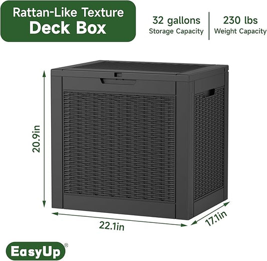 EasyUp 32 Gallon Resin Deck Box Waterproof, UV Resistant Outdoor Storage Box for Delivery, Garden, Patio,and Porch, Rattan Black