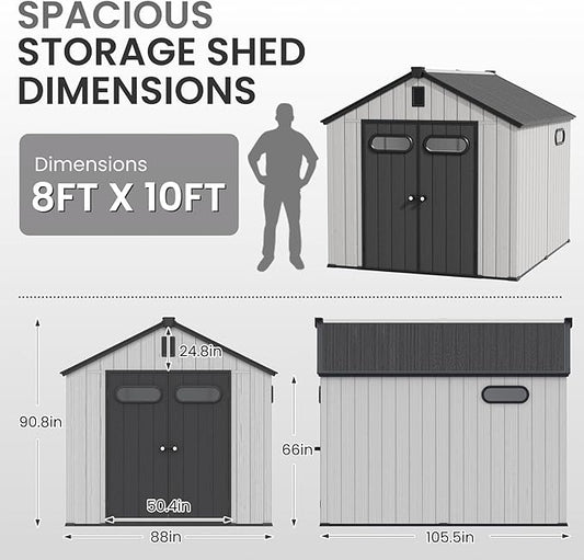 CRESTLIVE 8x10 FT Rust-Resistant Plastic Outdoor Storage Shed, Waterproof Resin Garden Shed with Floor, Doors, Skylight & Vent for Lawn Tools & Bikes