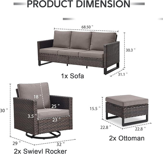 5 Piece Wicker Patio Furniture Set - Outdoor Swivel Rocker Chairs Set with 3 Seat Sofa and Ottomans, Small Patio Conversation Sets Proch Furniture for Balcony Deck - Brown/Grey