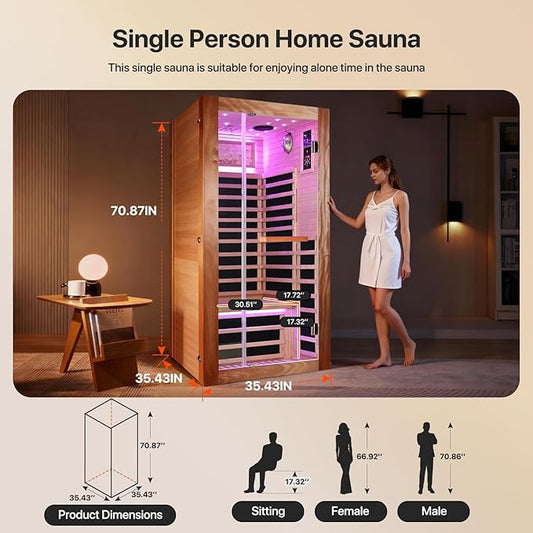 Sauna One Person Far Infrared Saunas Room African Mahogany Wood 1350W Dry Saunas Spa with 7 Starry Sky Light Wood Wax Oil on Outer Surface 33.5 * 33.5 * 70.9inch