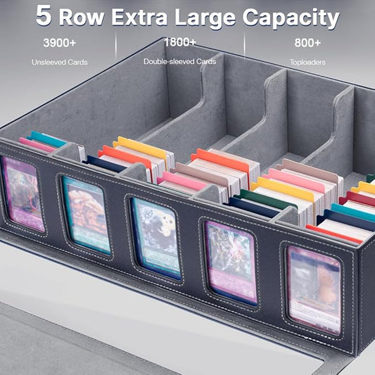 5-Row 3900+ Trading Card Storage Box for MTG, Card Deck Box with Snap-fit Design, 5 Card Sleeves, 10 Stoppers, 80 Dividers and 1 Dice Tray (Black-Grey)