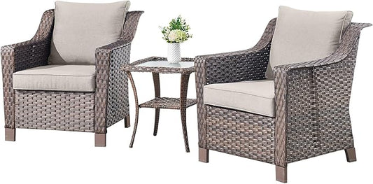 3 Pieces Patio Furniture Set-Wicker Patio Chairs Set of 2 with Tempered Glass End Table Outdoor Patio Chairs for Deck Balcony Poolside Backyard-Brown/Beige
