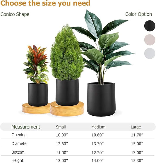 14"H x 13.7"D Conico Fiberstone Round Planter - Christmas Tree Planter, Smooth Finishes, Weather Resistant for Indoor and Outdoor Use, Included 2 Extra Coco Mats (Black, 10.6" Pot Opening)