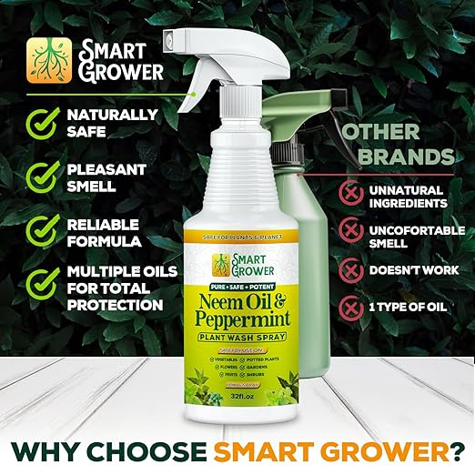 Neem Oil Spray for Plants with Peppermint Oil, Natural Plant Wash Made for Indoor and Outdoor Plants Smart Grower 32oz Easy Ready to Use Spray