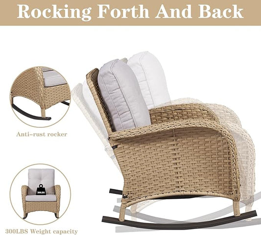 Belord Patio Rocking Chair Wicker Chair, 1 Piece Outdoor Rocking Chair Seating with Cushions for Porch Deck Balcony, Yellow/Beige