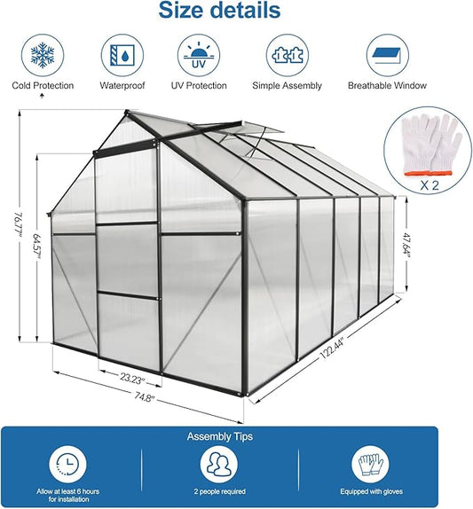 6×10 FT Black Polycarbonate Greenhouse for Outdoors with Aluminum Frame & Raised Base, Walk-in Green House with Sliding Door, Gutter System & Roof Vent, Heavy-Duty Outdoor Greenhouse