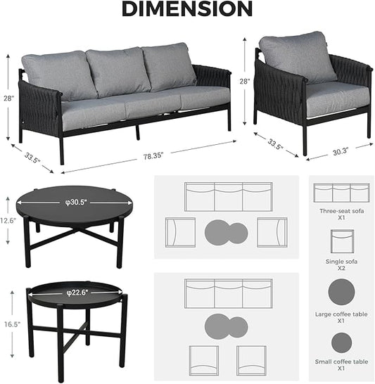 Grand patio 5-Piece Outdoor Furniture Set, Outdoor Sofa Set with 2 Round Side Tables, Modern Metal Patio Couch with Thick Waterproof Cushions for Porch Deck Backyard, Dark Grey
