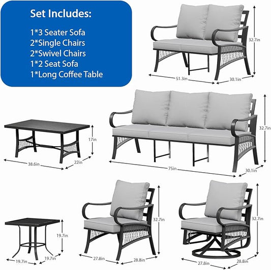 8 Piece Patio Furniture Set, 9 Seat Metal Outdoor Sectional Sofa Set with 2 Swivel Chairs, Patio Conversation Set with Thick Cushions and Coffee Table for Garden, Porch, Lawn, Grey