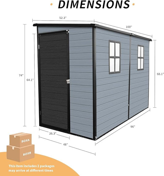 4x8FT Resin Outdoor Storage Shed with Floor and 2 Windows,Waterproof Plastic Sheds with Lockable Doors,Outside Garden Tools Sheds for Backyard Patio,Gay+Black