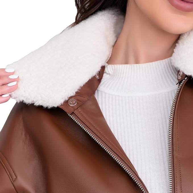 Leather Jacket Women,Cropped Lambskin Bomber Jacket,Removable Sherpa Collar, Zip Front, Elasticized Hem