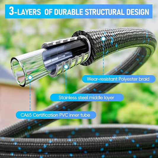 SPECILITE Garden Hose 25ft, 3-Layer Flexible Water Hose with 8 Pattern Spray Nozzle, Non-Expanding & Lightweight Stainless Steel Hose for Yard, Lawn, Outdoor-Leak Proof, No-kink & Tangle-free