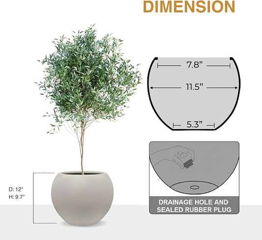 9.7" H x 12" D Globo Fiberstone Round Planter - Christmas Tree Planter, Smooth Finishes, Weather Resistant for Indoor & Outdoor Use, Included 2 Extra Coco Mats (Taupe, 7.8" Pot Opening)
