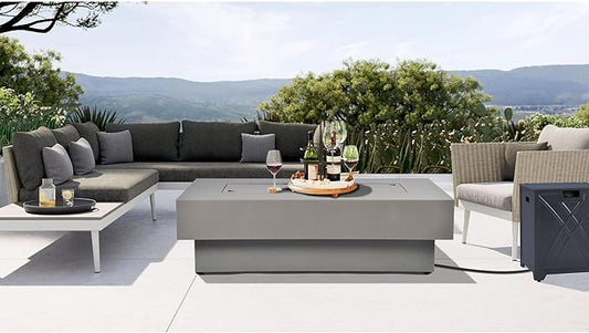 48-inch Fire Table with 20lb Propane Tank Cover, 50,000BTU Outdoor Modern Patio Fire Pit Table w/Rectangular Burner Lid, Glass Rocks, Pre-Attached 10ft External Gas Hose