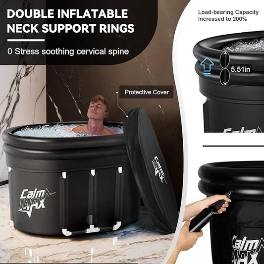 CalmMax Oval Ice Bath Tub with Double Inflatable Neck Rest Ring, Portable Cold Plunge with Cover, 140 Gal Cold Plunge Tub for Cold Water Therapy, XL Ice Baths at Home, Outdoor, Gym (IB004), Black