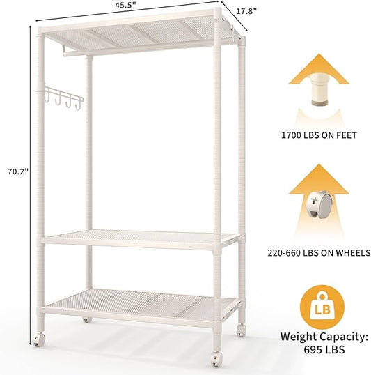 Heavy Duty Rolling Clothes Rack, 3-Tier Adjustable Garment Racks with Rods and Side Hooks, Freestanding Storage Closet Clothing Rack with Wheels for Bedroom Laundry Room Organization, White