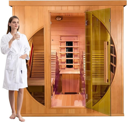 ZONEMEL Customize 2 Person Wooden Sauna Room with Recliner, Full Spectrum Infrared Hemlock/Red Cedar Luxury Indoor Sauna with 10 Heating Panels, Oxygen Bar, 3400 Watt, 220V, 8mm Tempered Glass