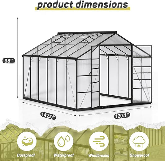 Polar Aurora 10x12 FT Greenhouse, Quick Aluminum Assembly Structure Polycarbonate Greenhouse, Walk-in Greenhouses for Outdoors with Ventilated Windows, Green Houses for Outside Backyard Garden