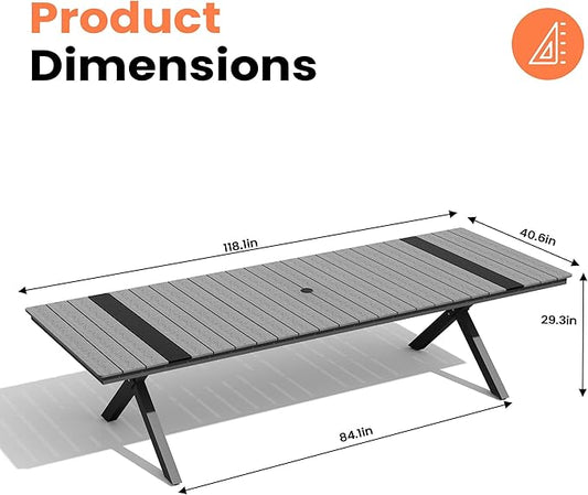 Pellebant 118" Outdoor Dining Table for 8-12 Person, Aluminum Patio Dining Table with Umbrella Hole, Waterproof Wood-Like Tabletop for Lawn Garden Backyard, Grey