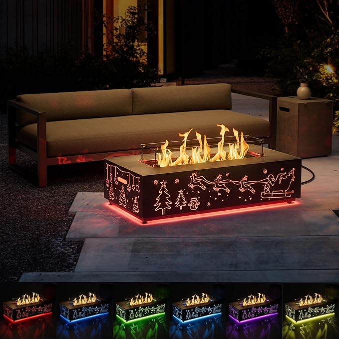 Dineli Propane Fire Pit Table 42 Inch Gas Fire Pits & Outdoor Fireplaces w LED, Tabletop Fire Pit Firepits for Outside Patio, 50,000 BTU (Light Gray, Christmas Pattern with RGB Light)