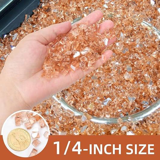 20 Pounds Fire Glass 1/4 Inch High Reflective Tempered Firepit Glass Rocks for Fireplace, Fire Pit Table, Fire Bowl and Landscaping (Champagne)