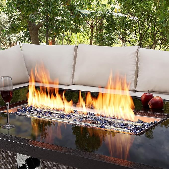 U-MAX 44in Outdoor Propane Gas Fire Pit Table, 50,000 BTU Auto-Ignition Gas Firepit with Glass Wind Guard, Black Tempered Glass Tabletop & Blue Glass Rock, Brown PE Rattan, CSA Certification