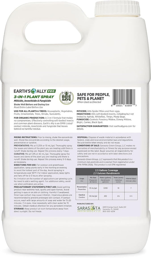 Earth's Ally 3-in-1 Plant Spray 2.5 Gal Concentrate for Pests and Disease - Organic Insecticide, Fungicide, Miticide - OMRI Listed for Indoor Houseplants and Outdoor Garden - Safe for Bees, Kids, Pets