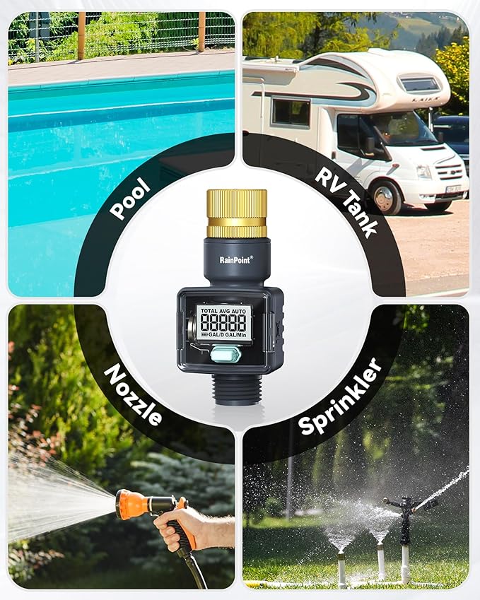 RAINPOINT Water Flow Meter with Brass Inlet, ±5% Accuracy, Max Measured Consumption of 9999.9 Gallon/Liter, Water Meter for RV Tank Filling, Garden Hose Watering, Lawn Sprinkler & Nozzle Sprayer