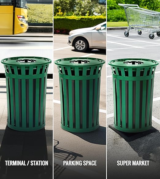 Alpine Commercial Outdoor Trash Can - 38 Gallon Heavy Duty Green Recycle Garbage Can with Liner, Open Top Lid, All Weather Resistant Large Outside Trash Can for Parks, Parking, School