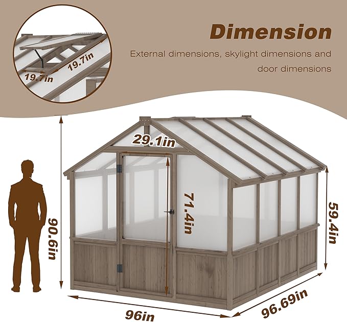 MUPATER 8' x 8' Wooden Polycarbonate Greenhouse with Ventilated Window & Lockable Door, 6mm Polycarbonate Panels for UV Protection, Walk-in Greenhouse for Outdoors, Patio, Backyard, Brown