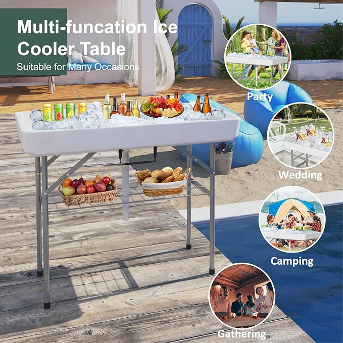 IWDOO 4 Foot Ice Cooler Table, Folding Tailgate Camp Fishing Cleaning with Matching Skirt & Drain Hose, Plastic Ice Table for Party, BBQ, Camping, Picnic, Barbecues to Keep Drinks Cool, White