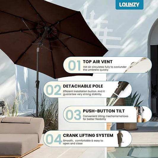 LOUNZY 9FT Large Outdoor Patio Umbrella Table Umbrella-UV Resistant,Easy Push Button Tilt and Crank,8 Sturdy Fiberglass Ribs Pool Umbrella for Patio,Backyard,Deck,Yard,Market