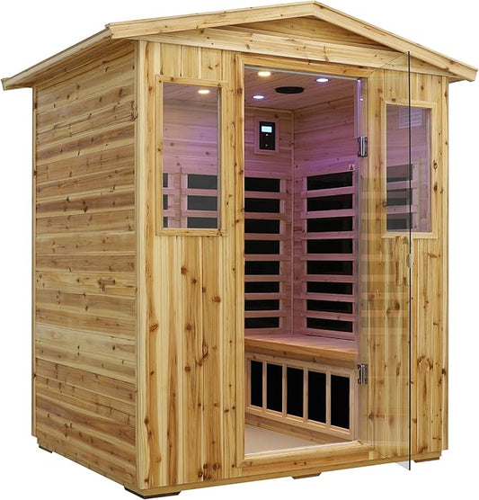 LTCCDSS Low EMF Outdoor Far Infrared Sauna 4-Person, Hemlock Wood Sauna for Home- Bluetooth Speakers, LED Reading Lamps, Chromotherapy Lights,
