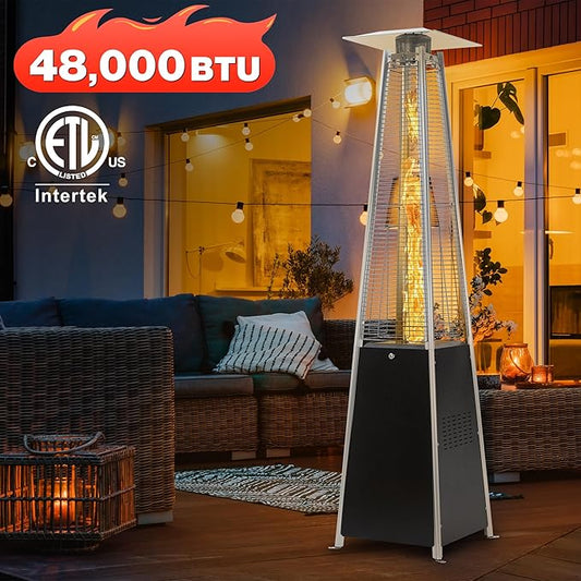 FOOWIN Patio Heater,48,000 BTU Outdoor Heater with Wheels,Propane Patio Heater w/Waterproof Cover & Gloves, for Outdoor Use,Party,Backyard,Garden,Black