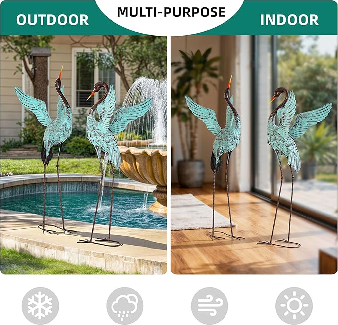 Ultym 47.5" Extra-Large Blue Heron Decor, Handcrafted Metal Crane Statues with Stable U-Ground Stakes, Backyard Decoration, Metal Garden Bird Animal Yard Art, Lawn Ornament