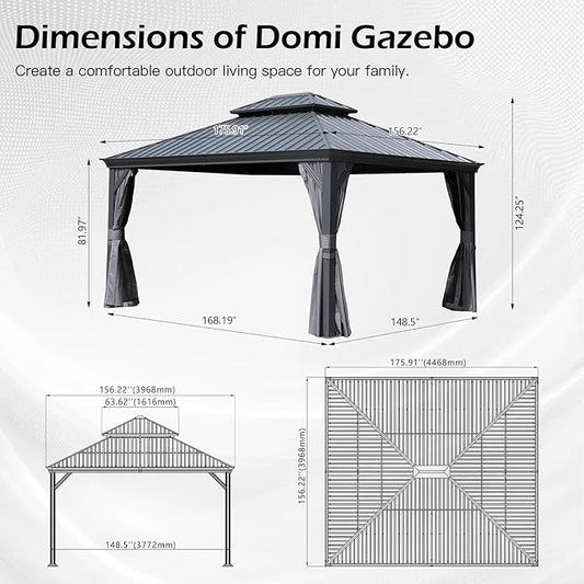 Domi 13x15FT Outdoor Gazebo, Hardtop Gazebo with Galvanized Steel Double Roof, Metal Gazebos with Drainage System Patio Pergola for Patio Deck Backyard,Curtain and Netting,Gray