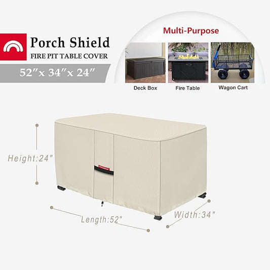 Porch Shield Patio Fire Pit Cover - Waterproof 600D Outdoor Rectangular Fire Table Cover Deck Box Protector - 52 x 34 inch, Beige
