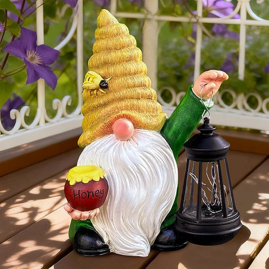 WONDHOME 12.3''Solar Garden Gnomes Outdoor Decor Honey Bee jar Gnome Statues with LED Lantern Xmas Patio Lawn Yard Art Decoration Birthday Christmas Gardening Gifts for Mom Dad, Bee Gnome