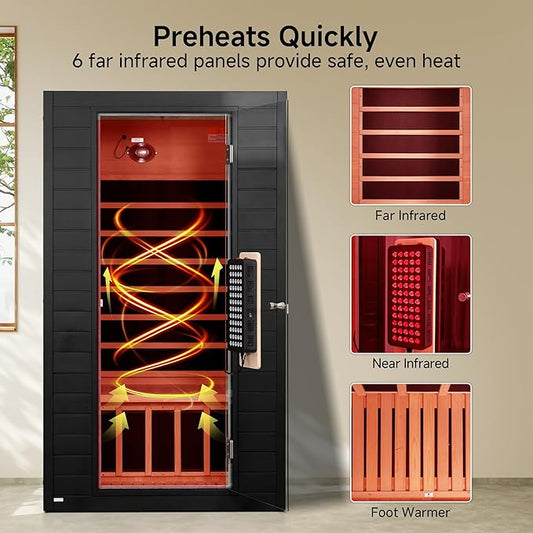 Infrared Sauna with Red Light Therapy, 1-2 Person Full Spectrum Sauna for Home, Indoor Canadian Hemlock Wood Dry Saunas Room with Bluetooth Speakers, 7 Color Therapy Lights, Rapid Heating