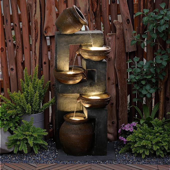 Bumilgar 33.8" H Water Fountain Outdoor with LED Lights & Pump, 5-Tier Cascading Outdoor Fountain for Garden,Patio,Porch,Backyard,Home Art Decor (Brown)